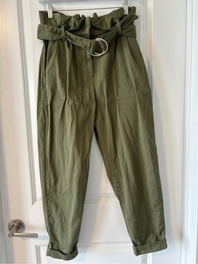 Bershka Olive Paperbag Trousers D Ring Belt Size 4